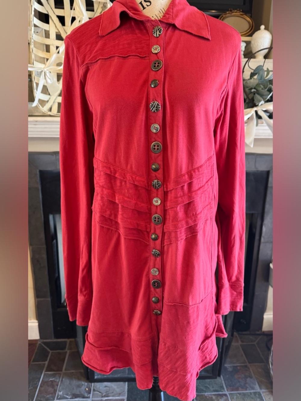 Neon Buddha Sojourn Red Tunic Top Artsy Mixed Buttons Boho Medium Art to Wear